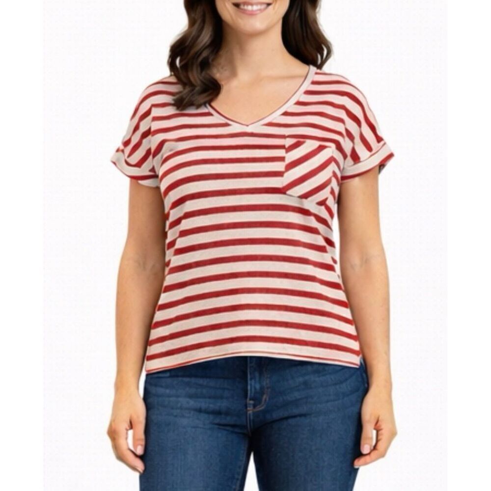 Orvis red striped vneck tshirt size small Color